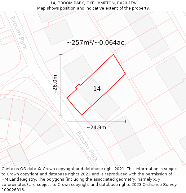 14, BROOM PARK, OKEHAMPTON, EX20 1FW: Plot and title map