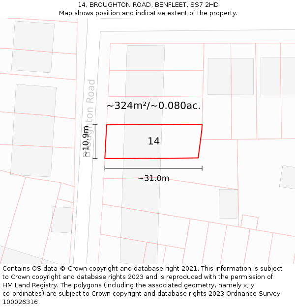 14, BROUGHTON ROAD, BENFLEET, SS7 2HD: Plot and title map