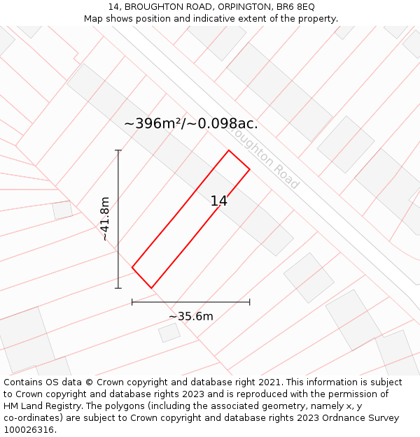 14, BROUGHTON ROAD, ORPINGTON, BR6 8EQ: Plot and title map