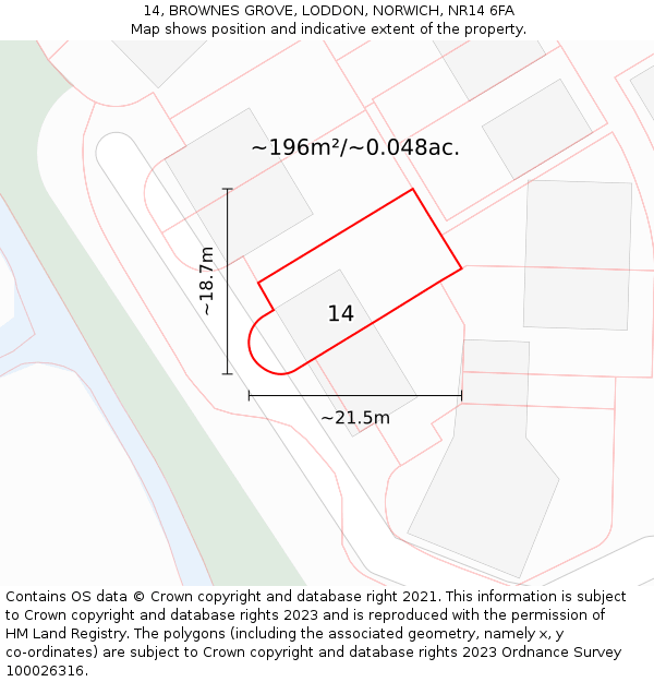 14, BROWNES GROVE, LODDON, NORWICH, NR14 6FA: Plot and title map