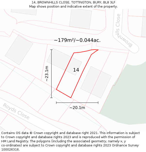 14, BROWNHILLS CLOSE, TOTTINGTON, BURY, BL8 3LF: Plot and title map