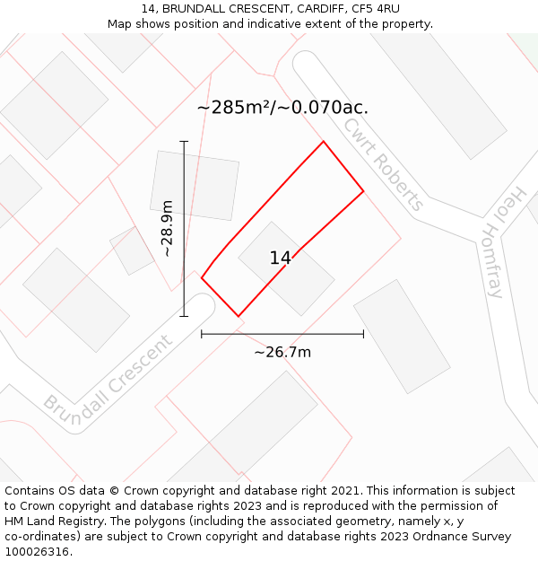 14, BRUNDALL CRESCENT, CARDIFF, CF5 4RU: Plot and title map