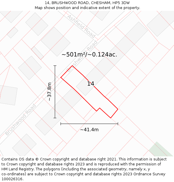 14, BRUSHWOOD ROAD, CHESHAM, HP5 3DW: Plot and title map
