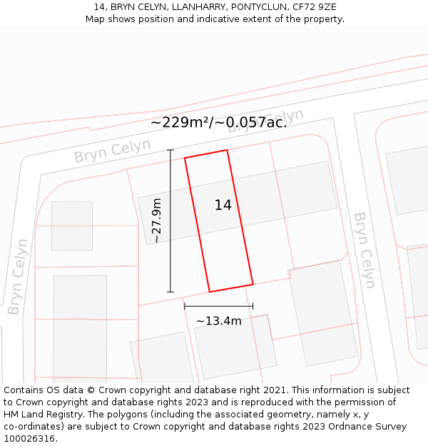 14, BRYN CELYN, LLANHARRY, PONTYCLUN, CF72 9ZE: Plot and title map