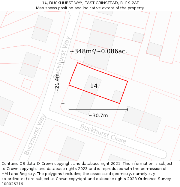 14, BUCKHURST WAY, EAST GRINSTEAD, RH19 2AF: Plot and title map