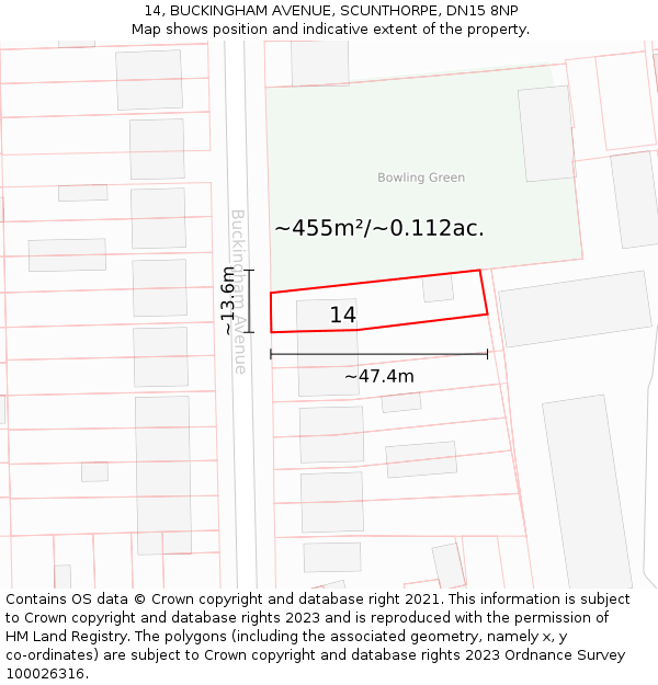 14, BUCKINGHAM AVENUE, SCUNTHORPE, DN15 8NP: Plot and title map