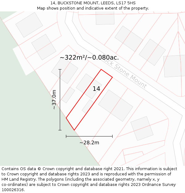 14, BUCKSTONE MOUNT, LEEDS, LS17 5HS: Plot and title map