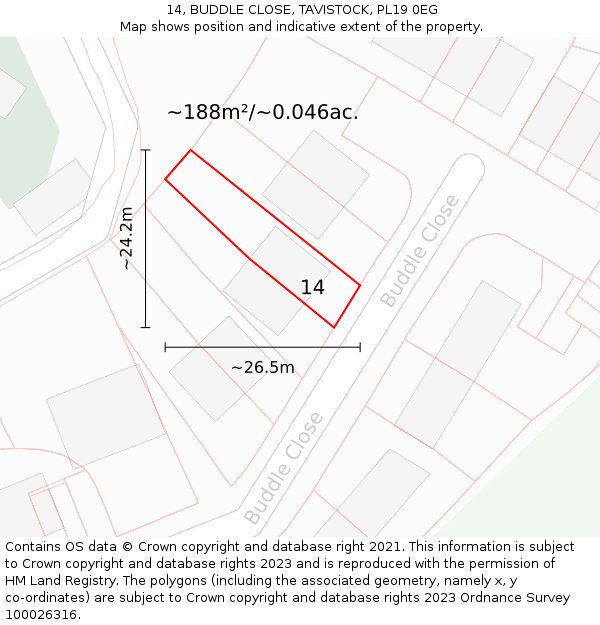 14, BUDDLE CLOSE, TAVISTOCK, PL19 0EG: Plot and title map