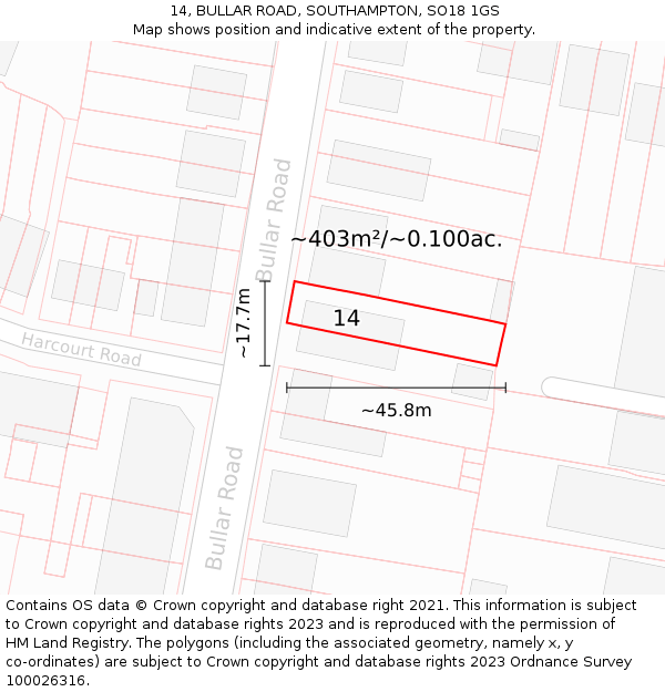 14, BULLAR ROAD, SOUTHAMPTON, SO18 1GS: Plot and title map