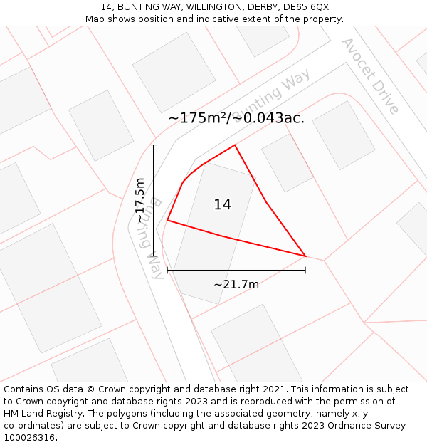 14, BUNTING WAY, WILLINGTON, DERBY, DE65 6QX: Plot and title map