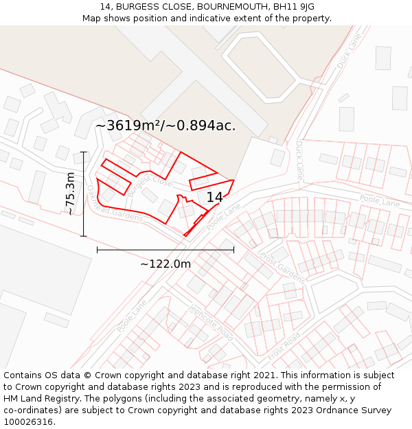 14, BURGESS CLOSE, BOURNEMOUTH, BH11 9JG: Plot and title map