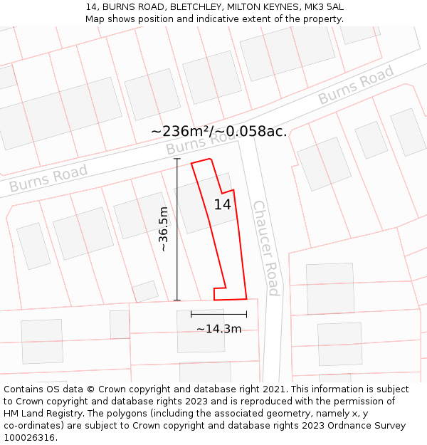 14, BURNS ROAD, BLETCHLEY, MILTON KEYNES, MK3 5AL: Plot and title map