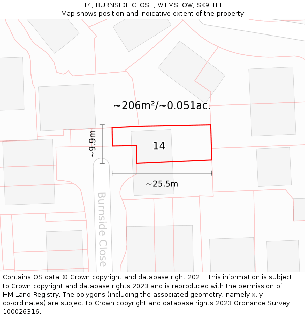 14, BURNSIDE CLOSE, WILMSLOW, SK9 1EL: Plot and title map