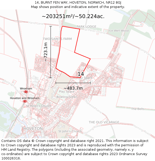 14, BURNT FEN WAY, HOVETON, NORWICH, NR12 8GJ: Plot and title map