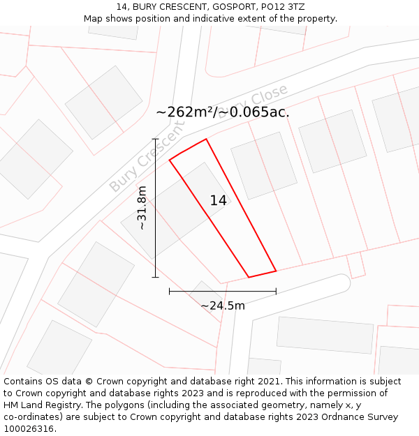 14, BURY CRESCENT, GOSPORT, PO12 3TZ: Plot and title map