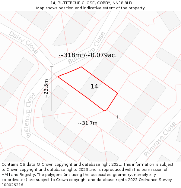 14, BUTTERCUP CLOSE, CORBY, NN18 8LB: Plot and title map
