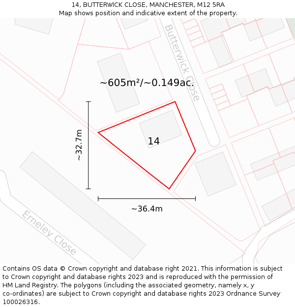 14, BUTTERWICK CLOSE, MANCHESTER, M12 5RA: Plot and title map