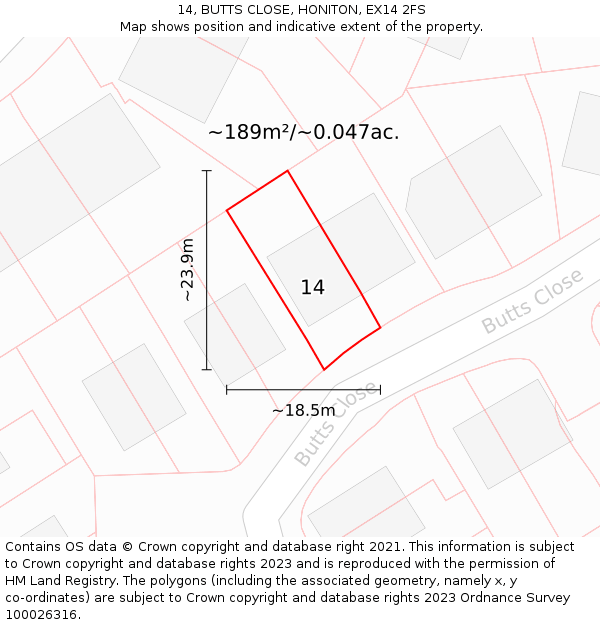 14, BUTTS CLOSE, HONITON, EX14 2FS: Plot and title map