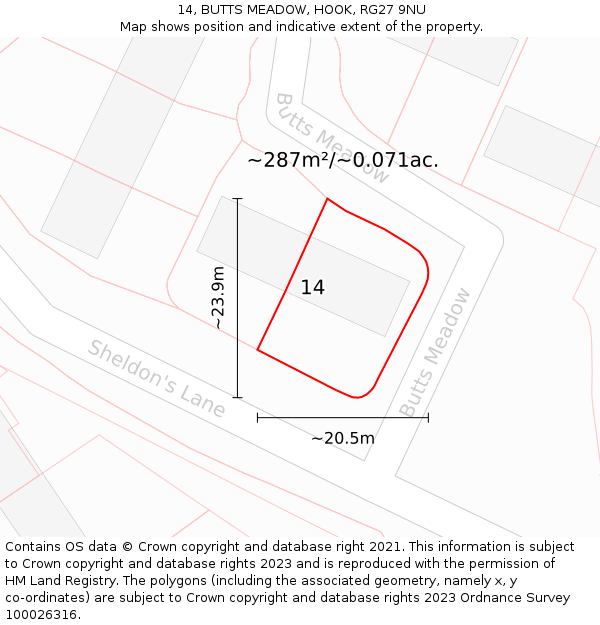 14, BUTTS MEADOW, HOOK, RG27 9NU: Plot and title map
