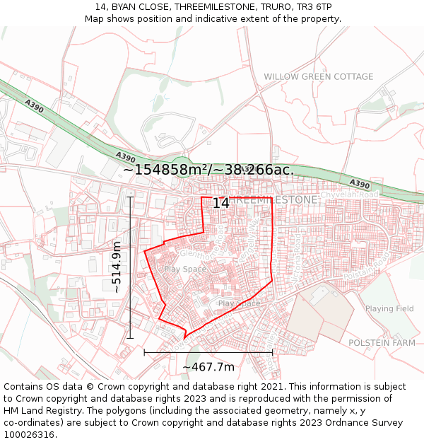 14, BYAN CLOSE, THREEMILESTONE, TRURO, TR3 6TP: Plot and title map