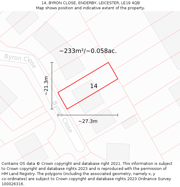 14, BYRON CLOSE, ENDERBY, LEICESTER, LE19 4QB: Plot and title map