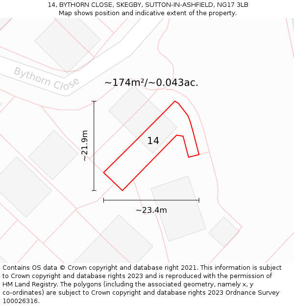14, BYTHORN CLOSE, SKEGBY, SUTTON-IN-ASHFIELD, NG17 3LB: Plot and title map