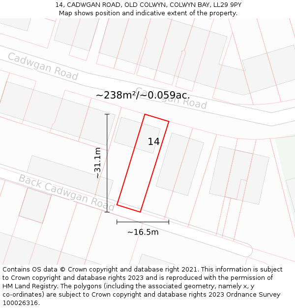 14, CADWGAN ROAD, OLD COLWYN, COLWYN BAY, LL29 9PY: Plot and title map