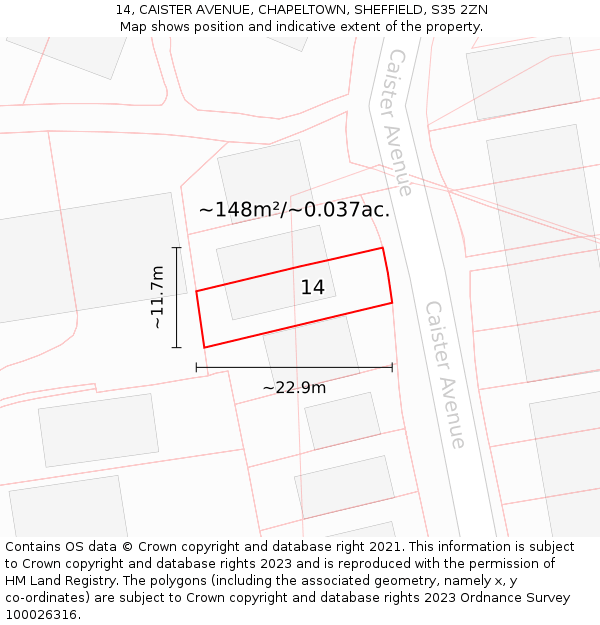 14, CAISTER AVENUE, CHAPELTOWN, SHEFFIELD, S35 2ZN: Plot and title map