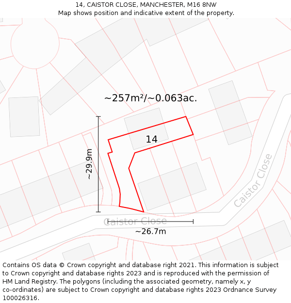 14, CAISTOR CLOSE, MANCHESTER, M16 8NW: Plot and title map