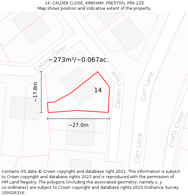 14, CALDER CLOSE, KIRKHAM, PRESTON, PR4 2ZE: Plot and title map