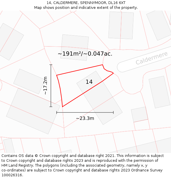 14, CALDERMERE, SPENNYMOOR, DL16 6XT: Plot and title map