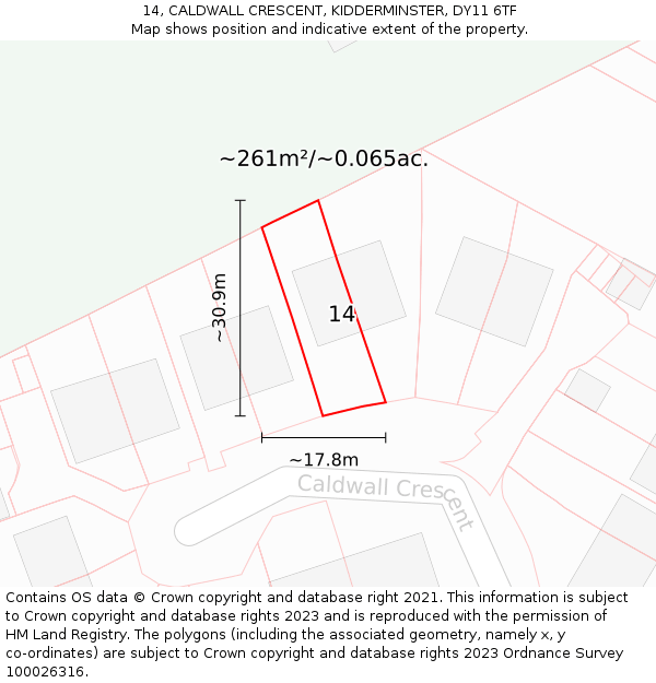 14, CALDWALL CRESCENT, KIDDERMINSTER, DY11 6TF: Plot and title map