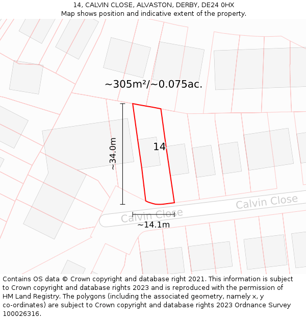 14, CALVIN CLOSE, ALVASTON, DERBY, DE24 0HX: Plot and title map
