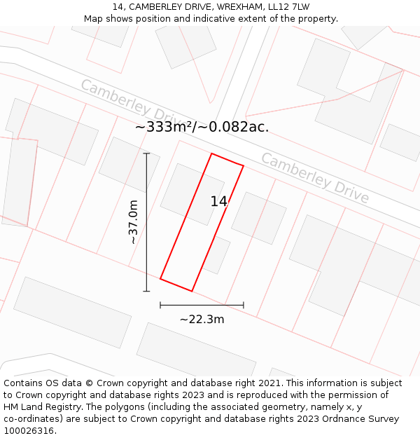14, CAMBERLEY DRIVE, WREXHAM, LL12 7LW: Plot and title map