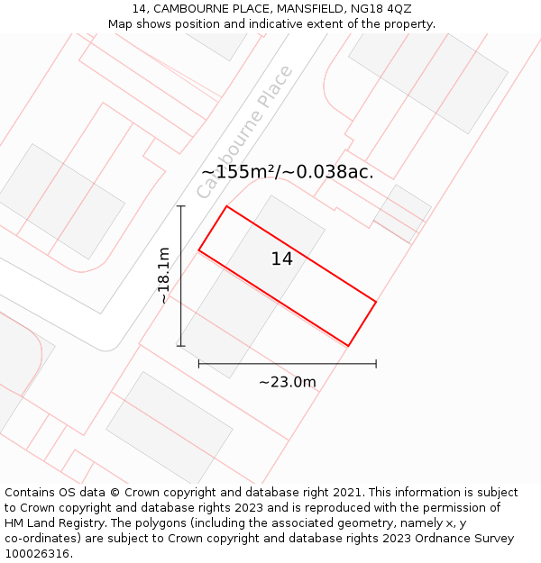 14, CAMBOURNE PLACE, MANSFIELD, NG18 4QZ: Plot and title map