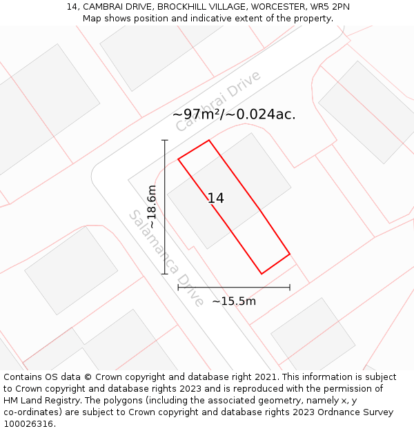 14, CAMBRAI DRIVE, BROCKHILL VILLAGE, WORCESTER, WR5 2PN: Plot and title map