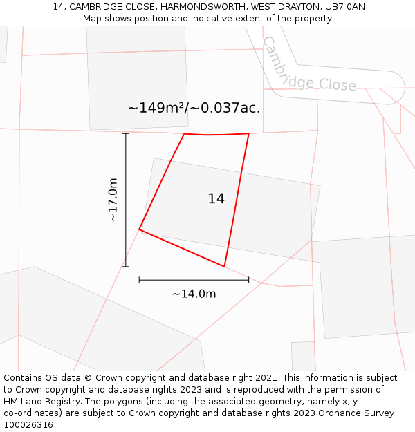 14, CAMBRIDGE CLOSE, HARMONDSWORTH, WEST DRAYTON, UB7 0AN: Plot and title map
