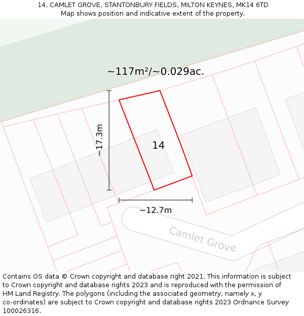 14, CAMLET GROVE, STANTONBURY FIELDS, MILTON KEYNES, MK14 6TD: Plot and title map