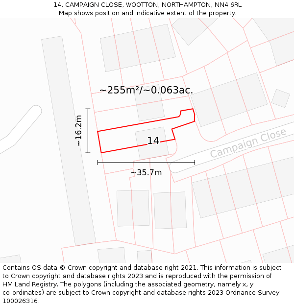14, CAMPAIGN CLOSE, WOOTTON, NORTHAMPTON, NN4 6RL: Plot and title map