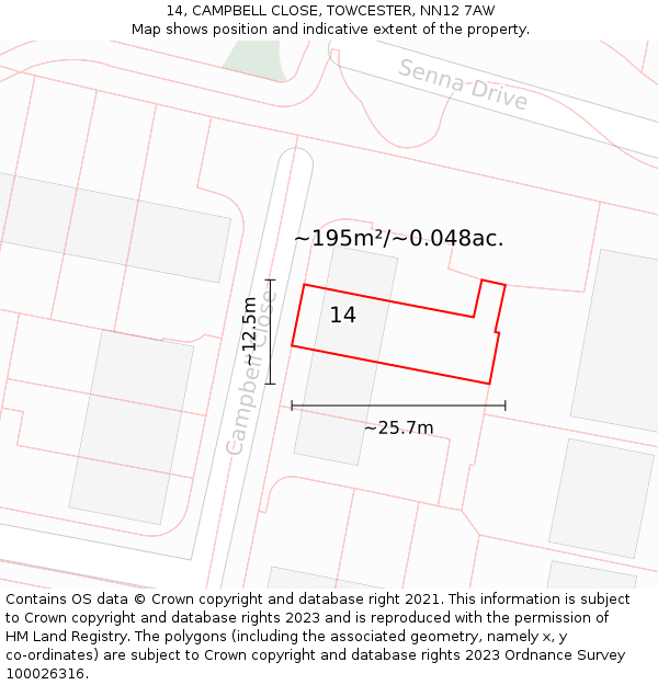 14, CAMPBELL CLOSE, TOWCESTER, NN12 7AW: Plot and title map