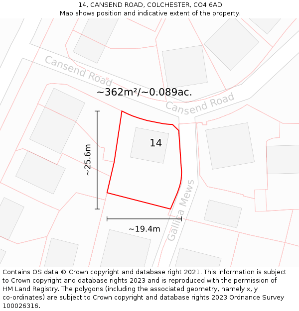 14, CANSEND ROAD, COLCHESTER, CO4 6AD: Plot and title map