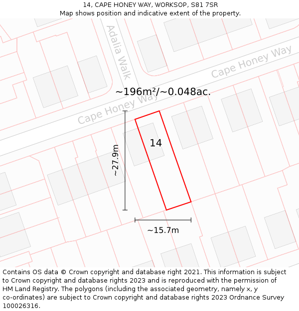 14, CAPE HONEY WAY, WORKSOP, S81 7SR: Plot and title map