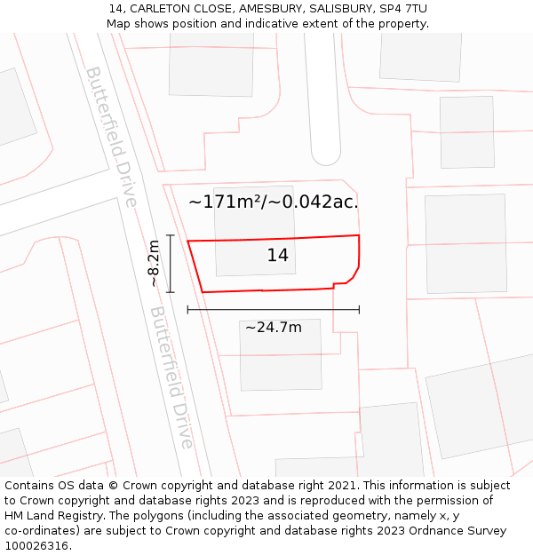 14, CARLETON CLOSE, AMESBURY, SALISBURY, SP4 7TU: Plot and title map