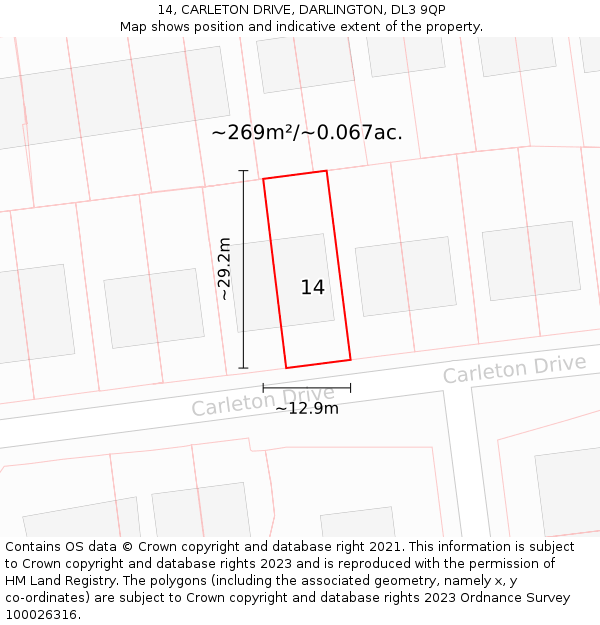 14, CARLETON DRIVE, DARLINGTON, DL3 9QP: Plot and title map