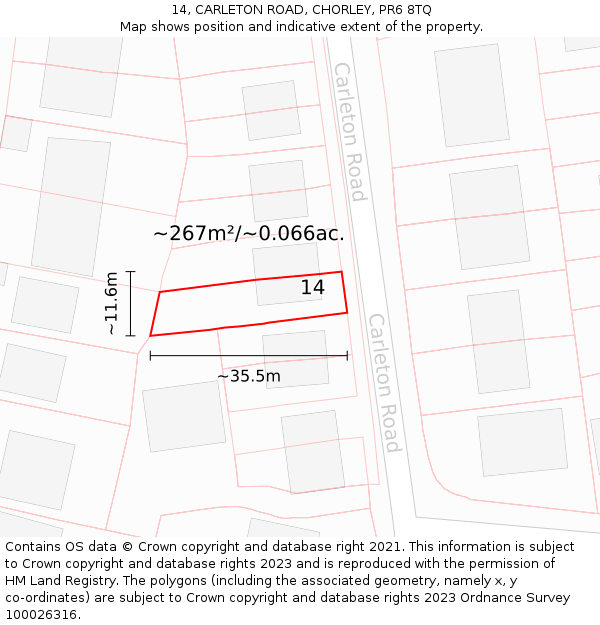 14, CARLETON ROAD, CHORLEY, PR6 8TQ: Plot and title map