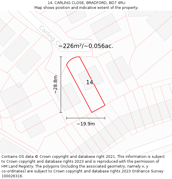14, CARLING CLOSE, BRADFORD, BD7 4RU: Plot and title map