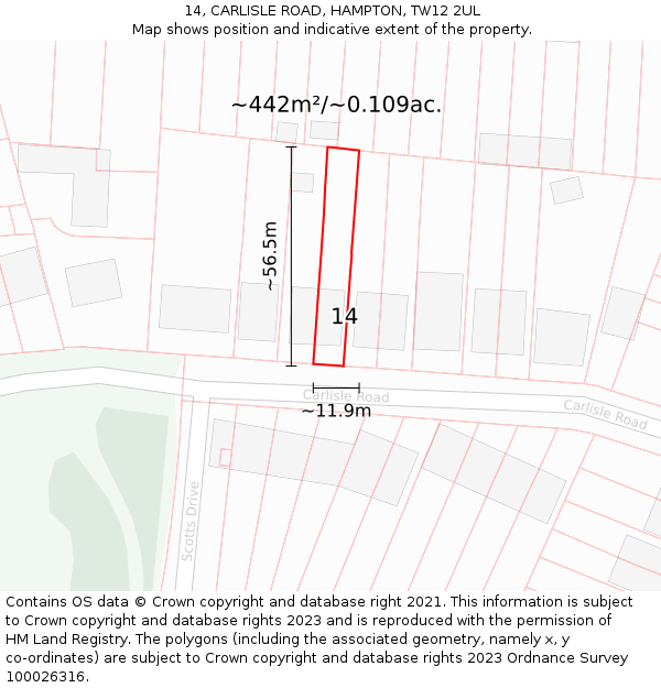 14, CARLISLE ROAD, HAMPTON, TW12 2UL: Plot and title map