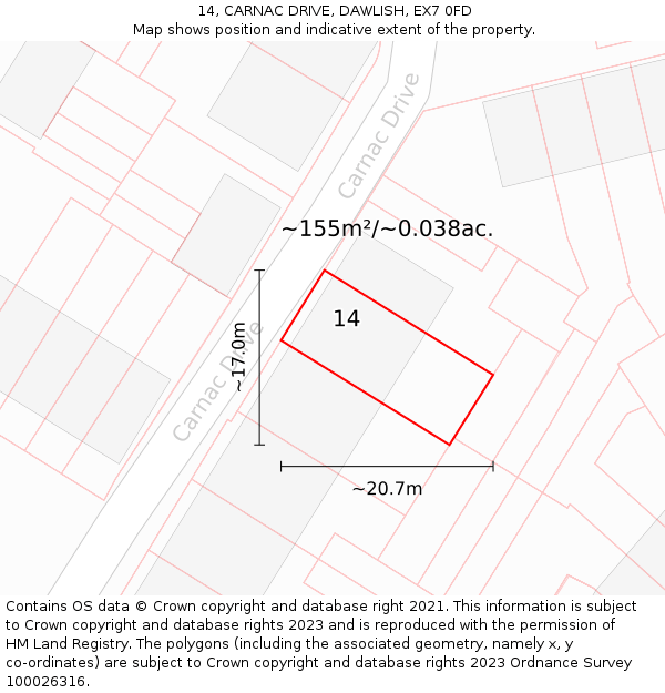 14, CARNAC DRIVE, DAWLISH, EX7 0FD: Plot and title map
