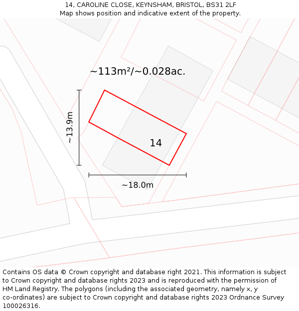 14, CAROLINE CLOSE, KEYNSHAM, BRISTOL, BS31 2LF: Plot and title map