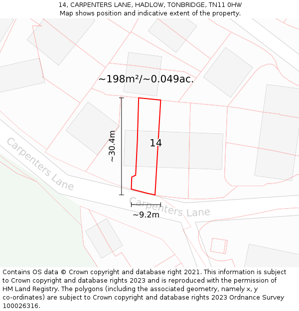 14, CARPENTERS LANE, HADLOW, TONBRIDGE, TN11 0HW: Plot and title map